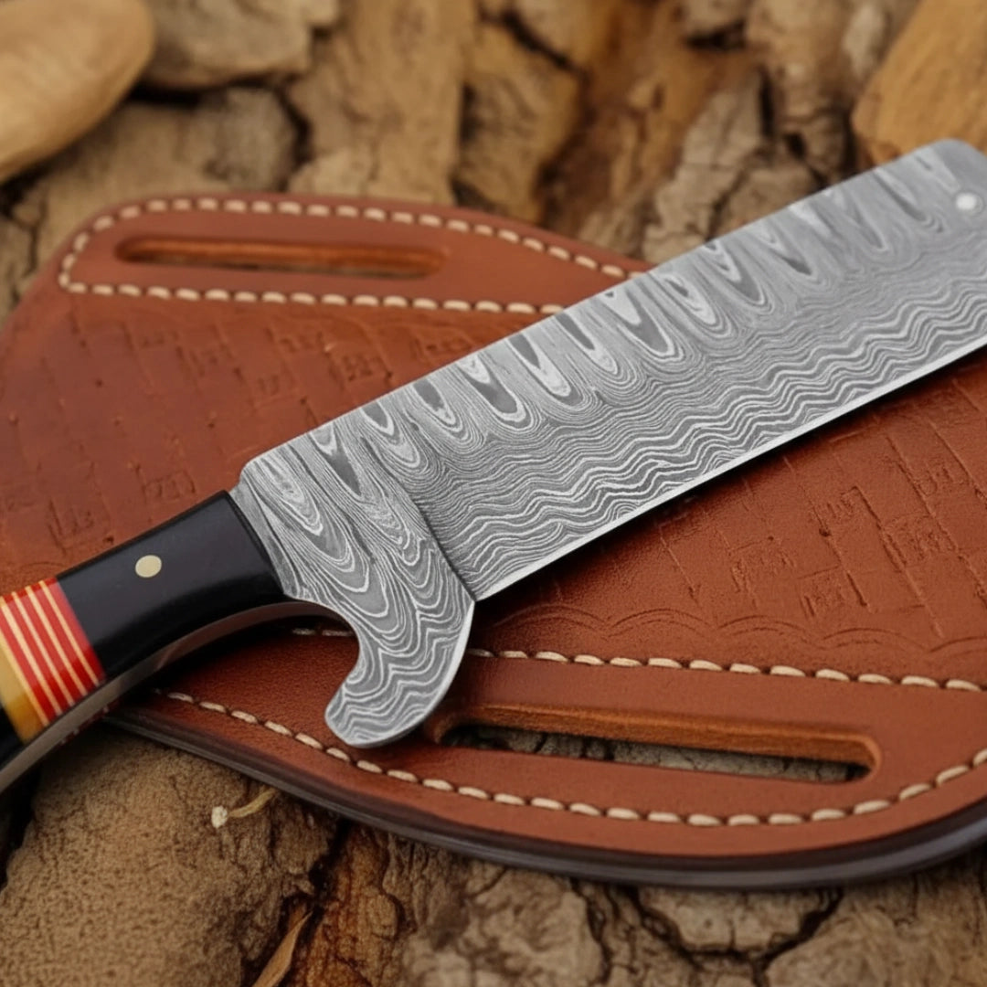 7.5" Rancher's Damascus Bull Cutter knife with a damascus blade on a brown leather sheath against a wooden background