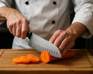 Person cutting carrots on a wooden board with a chef's knife