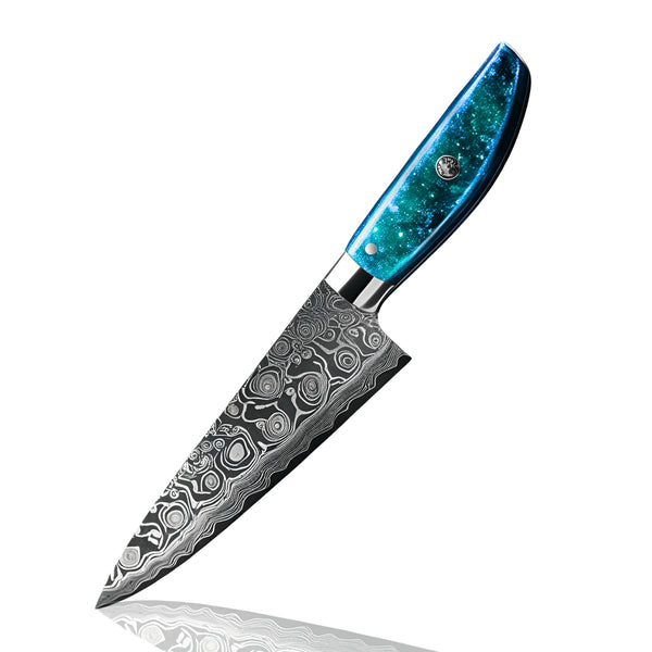 Turquoise Damascus Kitchen Knife "8 on cutting board with raw meat and sliced tomatoes, showing its full design.