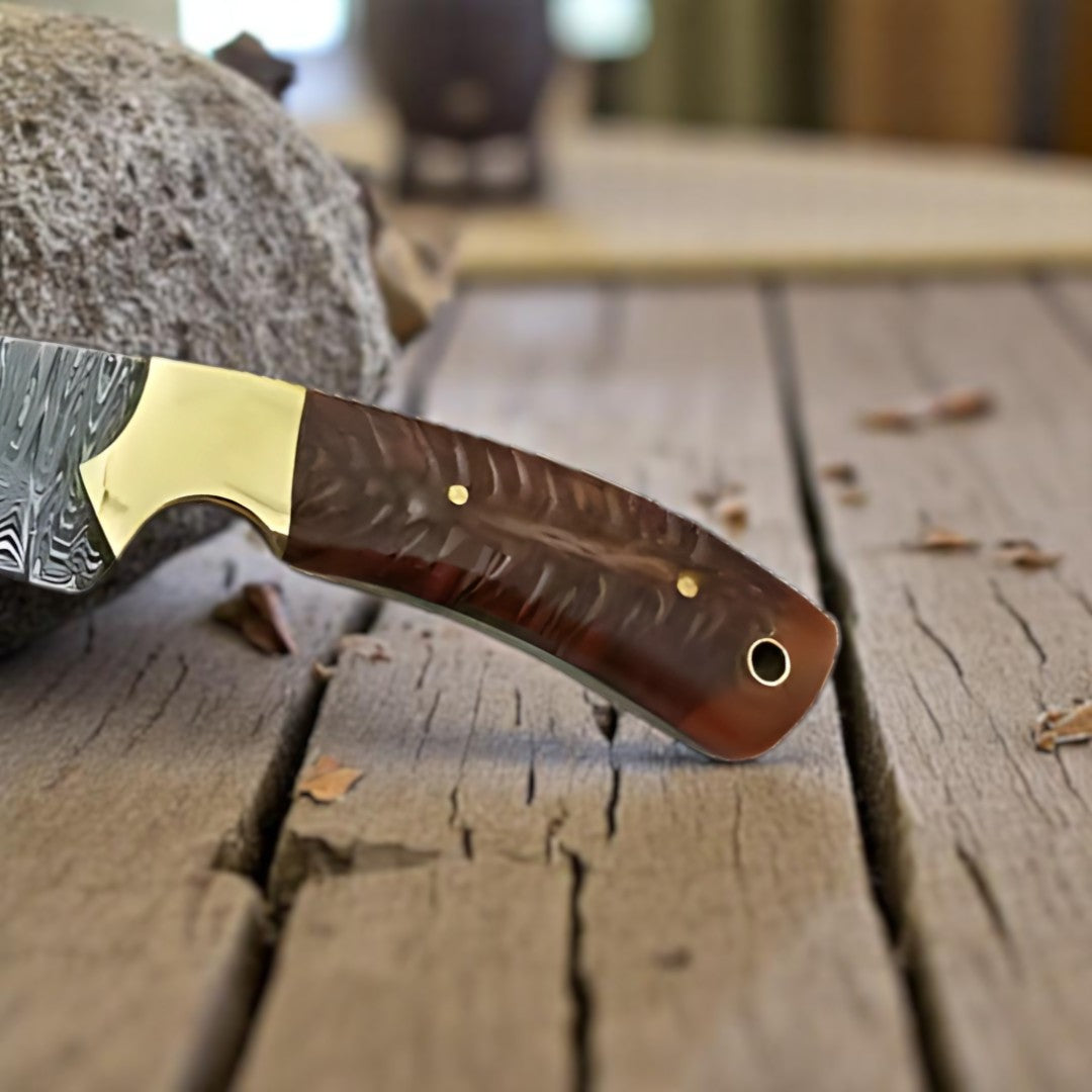 Damascus Cowboy Knife with USA Flag sheath, displaying its unique Blade view

