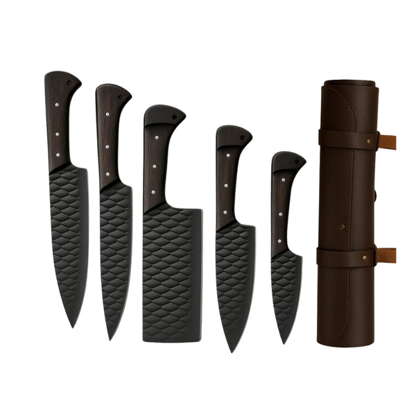 Five black hammered kitchen knives with dark wood handles, displayed upright next to their dark brown leather roll bag on a white background