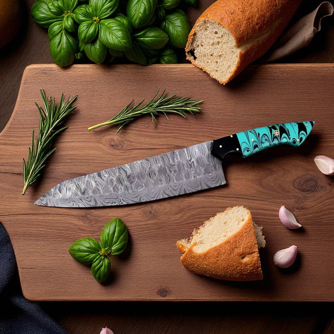 Damascus Chef Knife Set with turquoise and black swirled handles, displayed on a wooden surface next to raw meat and garlic.