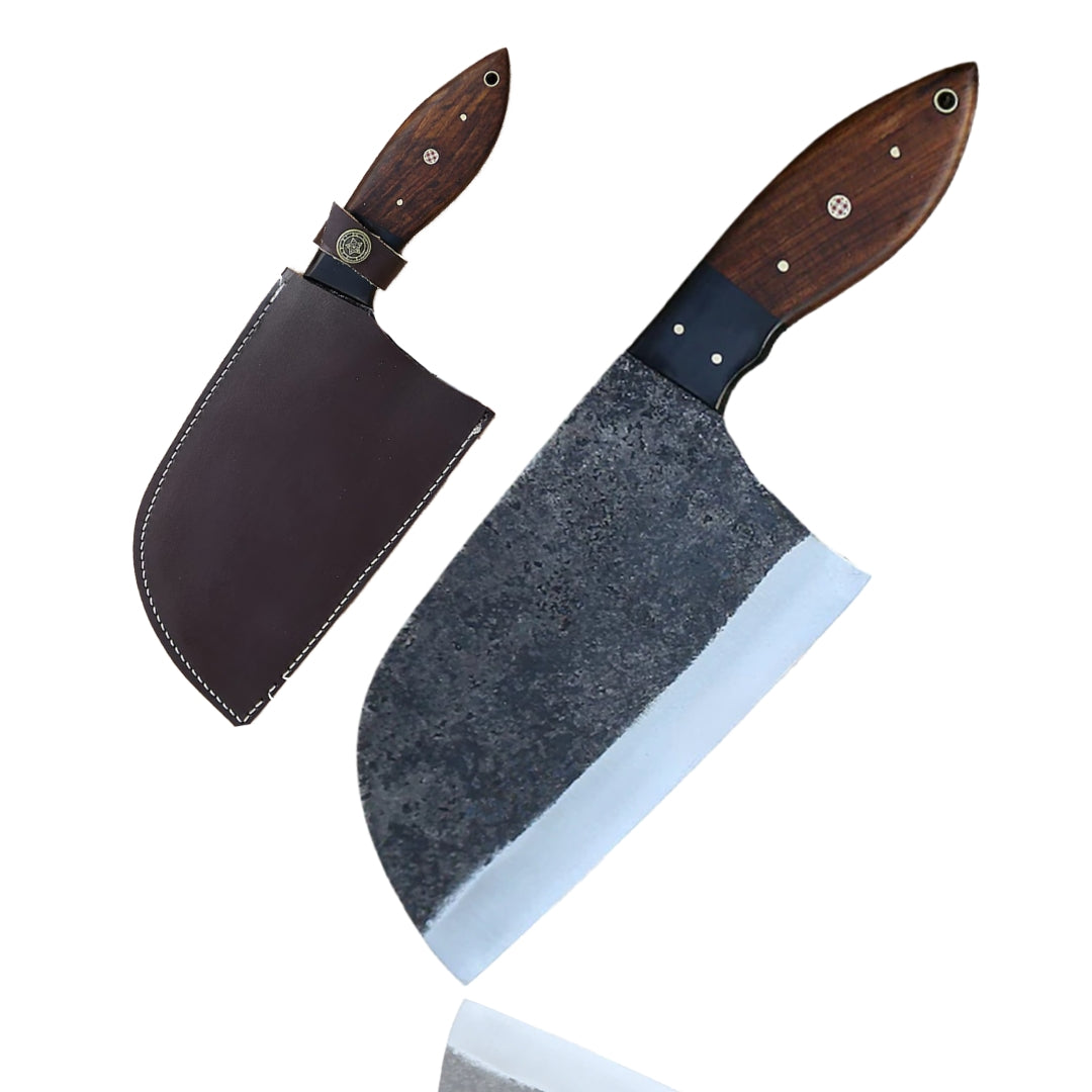 Bone Splitter Serbian Cleaver Knife with textured blade and walnut wood handle, displayed with its dark brown leather case on a white background.