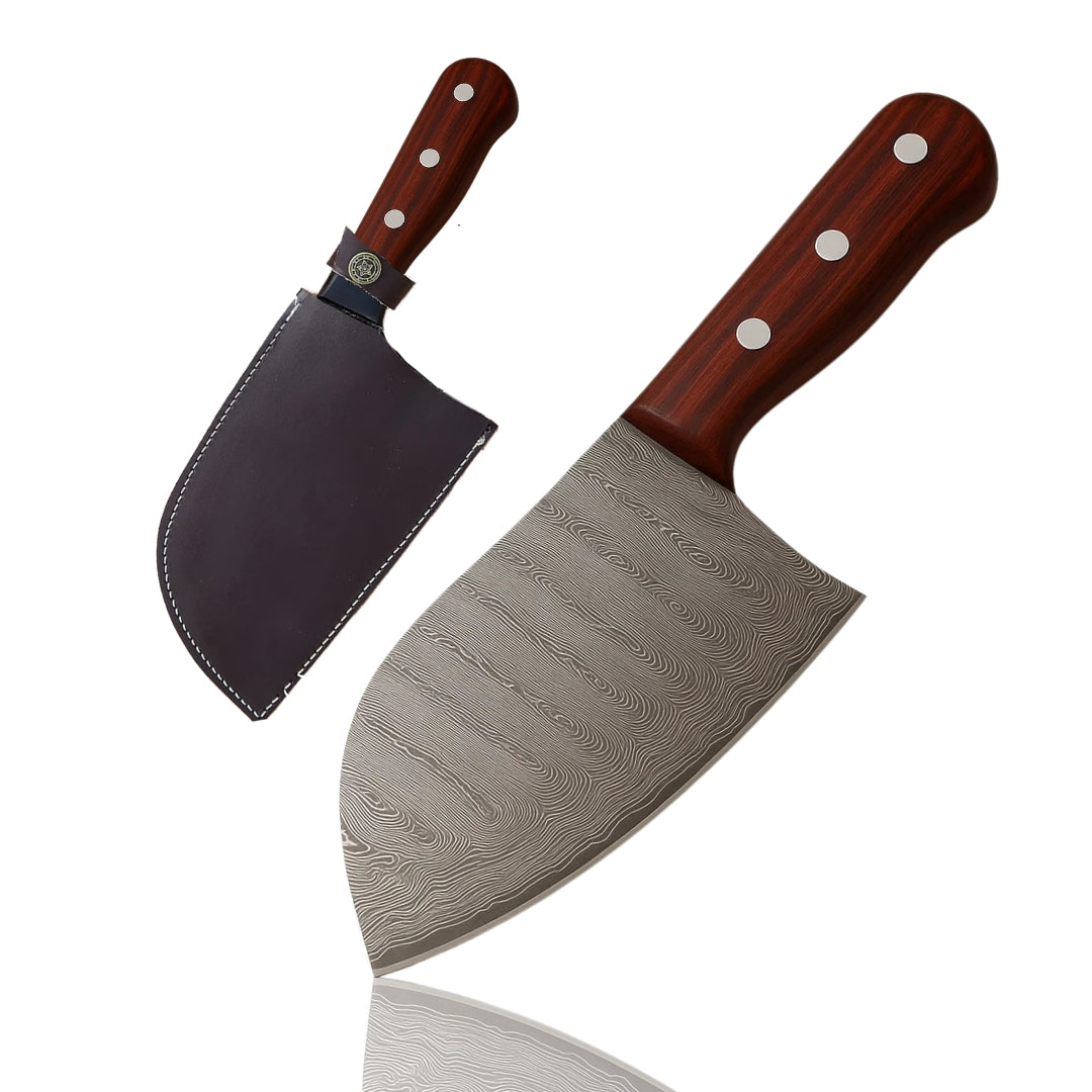  Classic Damascus Serbian Chef Knife with reddish-brown wood handle and wavy pattern blade, displayed upright next to its dark brown leather sheath on a white background