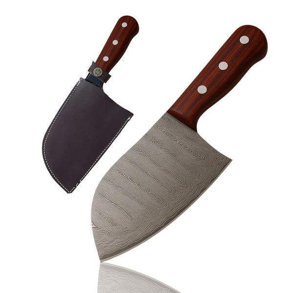  Classic Damascus Serbian Chef Knife with reddish-brown wood handle and wavy pattern blade, displayed upright next to its dark brown leather sheath on a white background