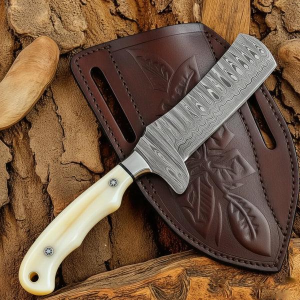 Full view of Damascus Cowboy Bull Cutter Knife with bone handle and engraved leather sheath.