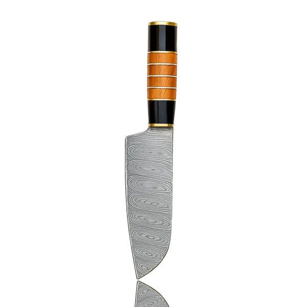  Damascus Santoku Chef Knife with olive wood and black Micarta handle and concentric blade pattern, standing upright on a white background