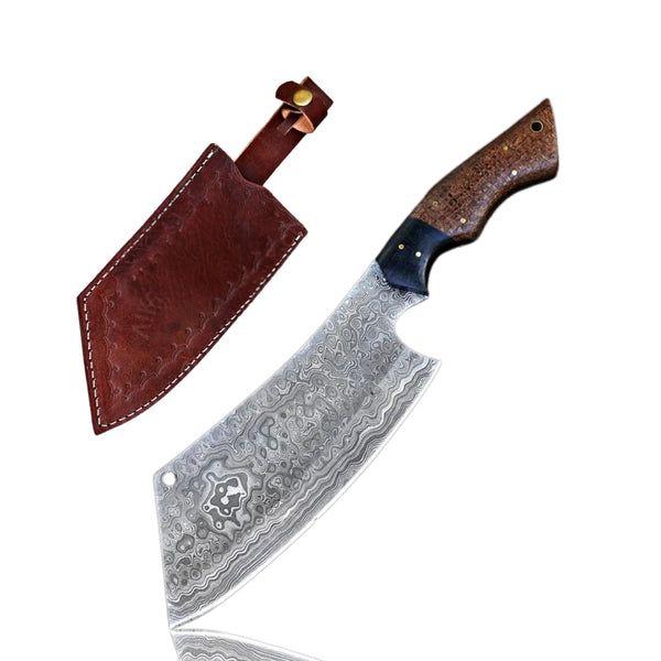 Damascus Butcher Cleaver Knife with Micarta handle and patterned blade, standing upright on a white background, next to its brown leather sheath.