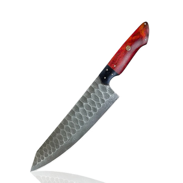 Damascus Chef Knife with red wood and black handle and hexagonal pattern blade, standing upright on a white background, showcasing its unique design.