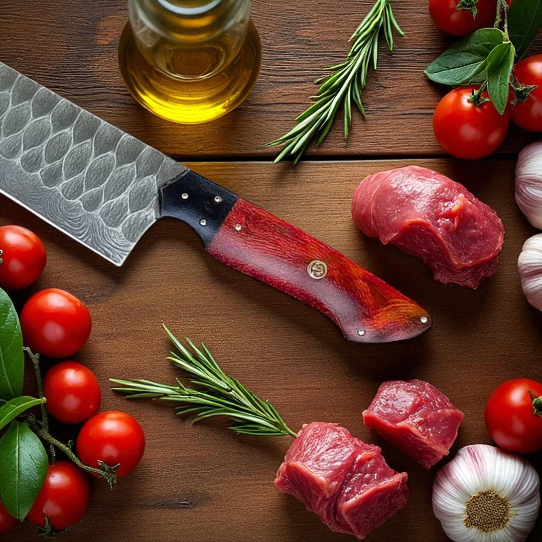 Damascus Chef Knife with red wood and black handle and hexagonal pattern blade, resting on a wooden cutting board with a red pepper.