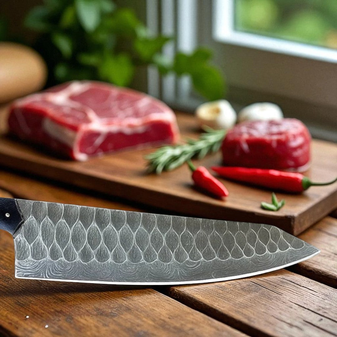Overhead view of a Damascus Chef Knife with red wood and black handle, resting on a black marble countertop with chopped carrots and bell peppers.