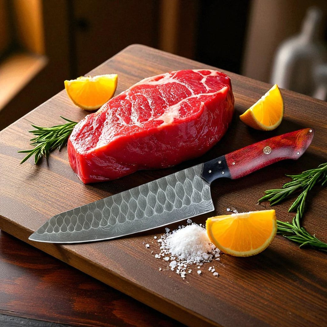 Damascus Chef Knife with red wood and black handle, resting on a wooden cutting board with fresh meat, cherry tomatoes, and garlic.