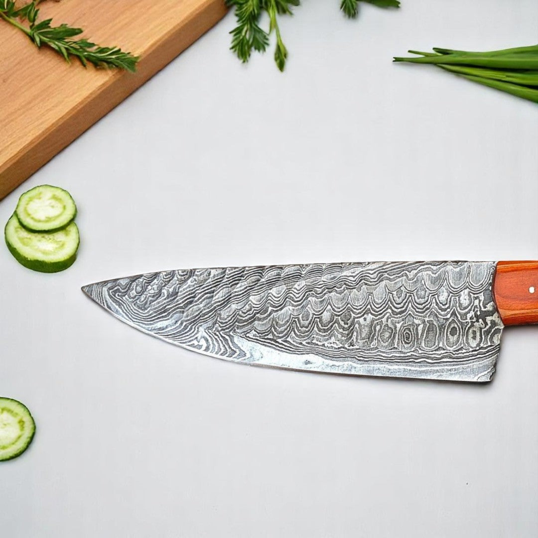  showing wavy blade pattern, on a wooden cutting board with fresh vegetables