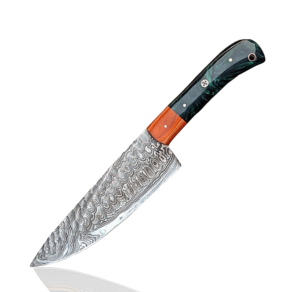 damascus knife with a detailed blade and multicolored handle on a white background