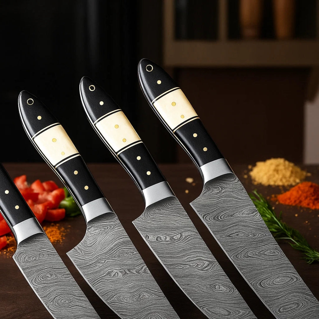 Close-up view of the ergonomic black wood and camel bone handles with polished steel bolsters on Damascus chef knives, showing fine details