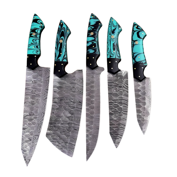 5-Piece Damascus Chef Knife Set with turquoise and black swirled handles and wavy Damascus blades, displayed upright on a white background.

