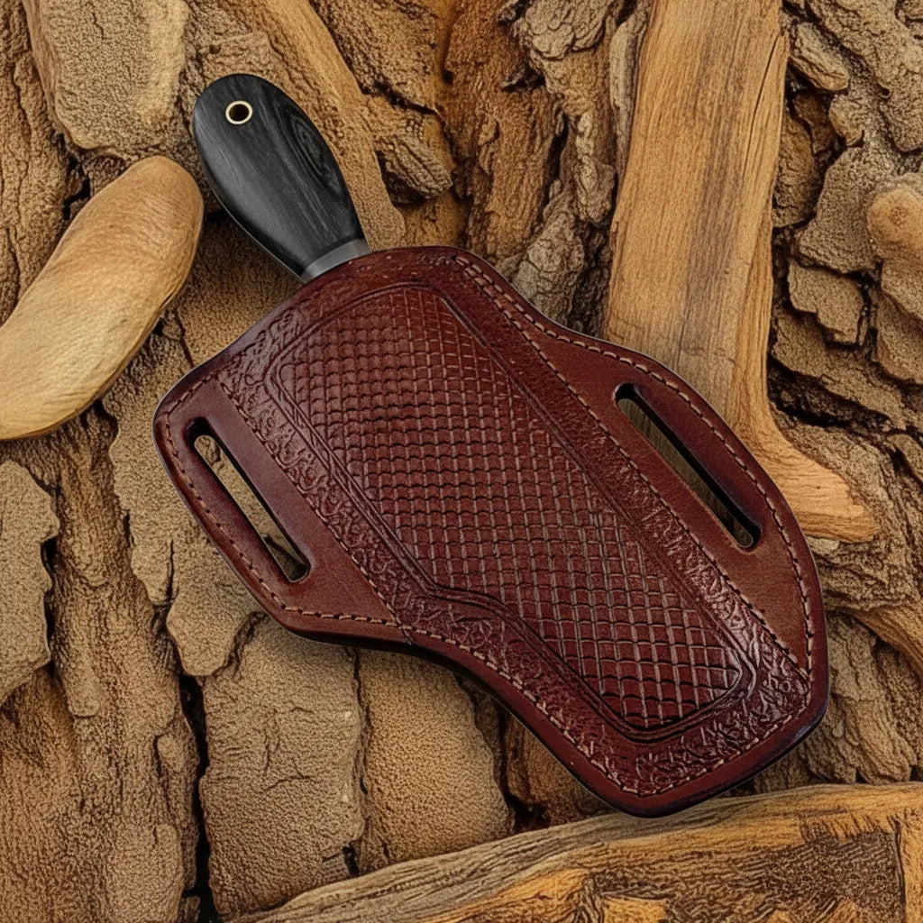 Leather sheath of Damascus Cowboy Bull Cutter Knife showing detailed texture and quality stitching.