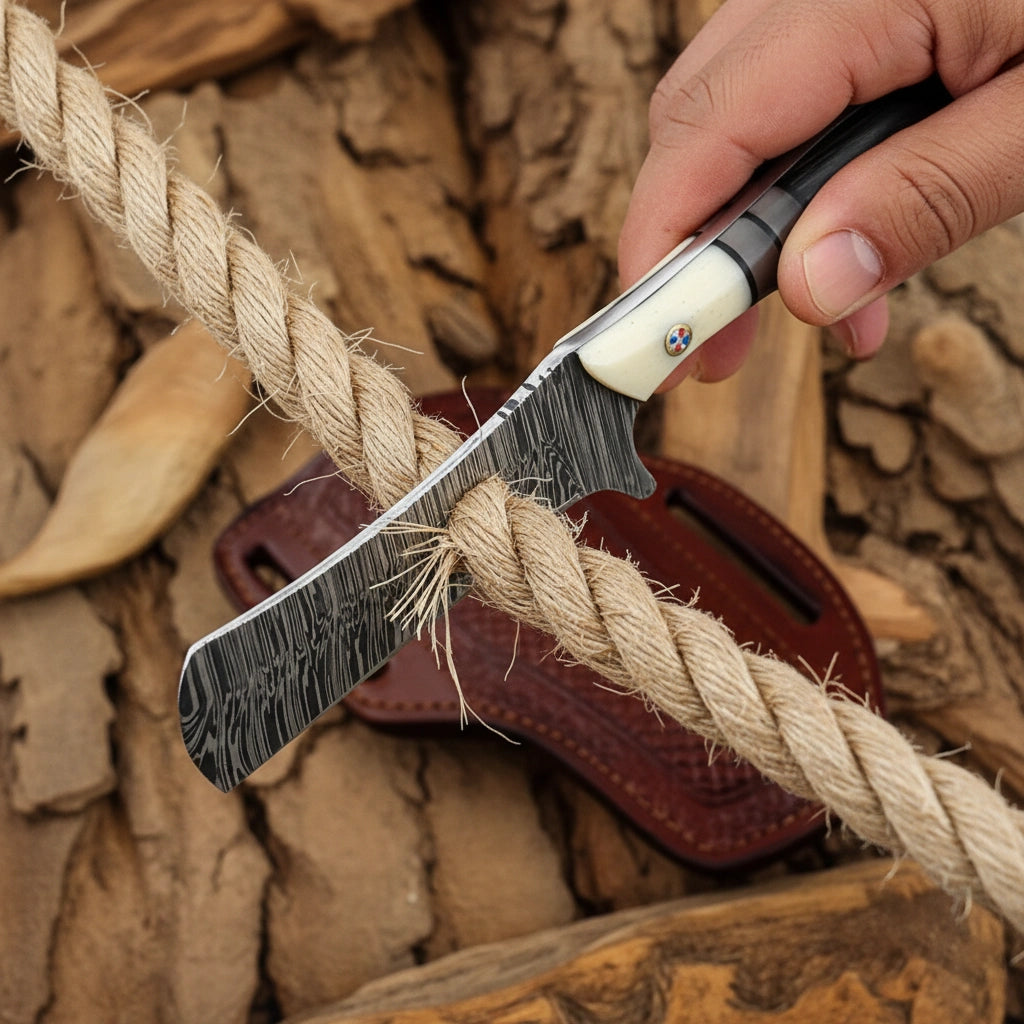 8 inch Damascus Cowboy Bull Cutter Knife cutting thick rope to display blade sharpness and strength.
