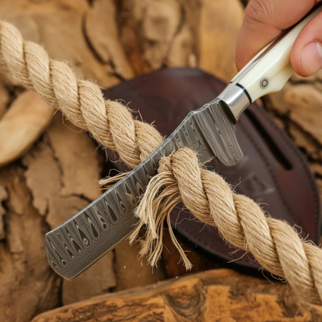 8 inch Damascus Cowboy Bull Cutter Knife cutting thick rope to demonstrate sharp Damascus steel edge.