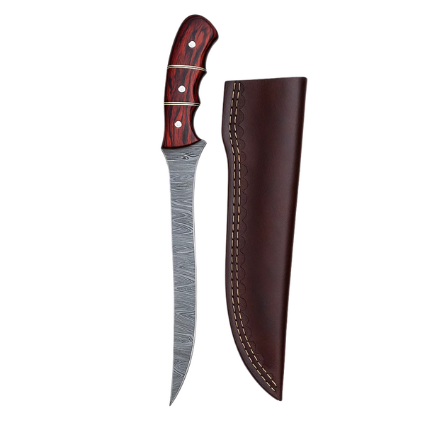Full view of Handmade Damascus Steel Fillet Fishing Knife with Red Pakka Wood handle and its brown leather sheath on a white background