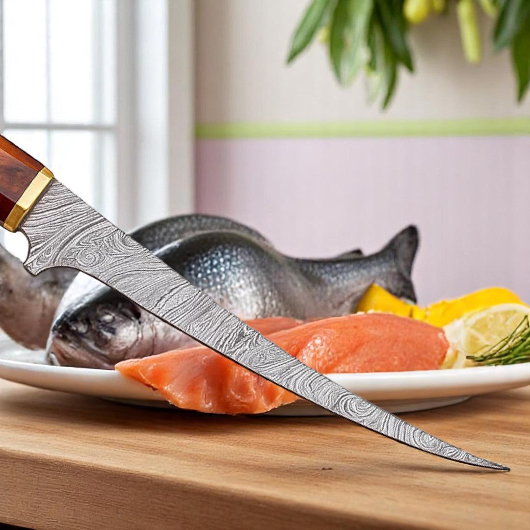 Damascus Fillet Knife with unique wood handle resting on a round wooden board, with a whole fish and lemon slices in the background