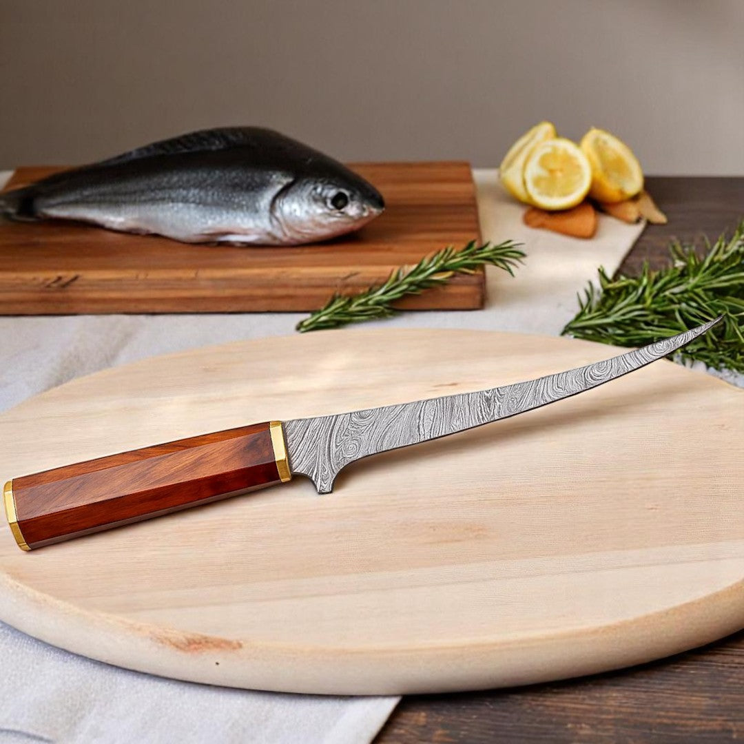 amascus Fillet Knife with unique wood handle on a wooden board,