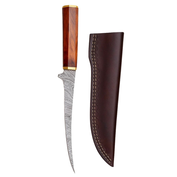 Damascus Fillet Knife with unique faceted wood handle and brass accents, displayed next to its brown leather sheath on a white background