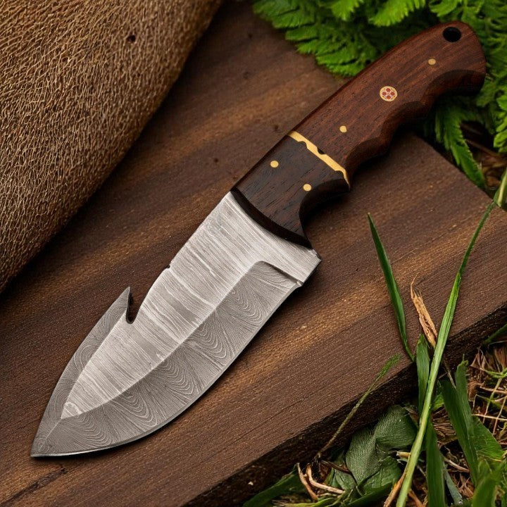 Handmade Damascus Gut Hook Skinner Knife with dark wood handle,