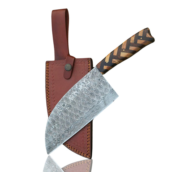 Handmade Damascus Steel Serbian Cleaver Knife by True Knife with zigzag patterned wood handle and its brown leather sheath, displayed upright on a white background