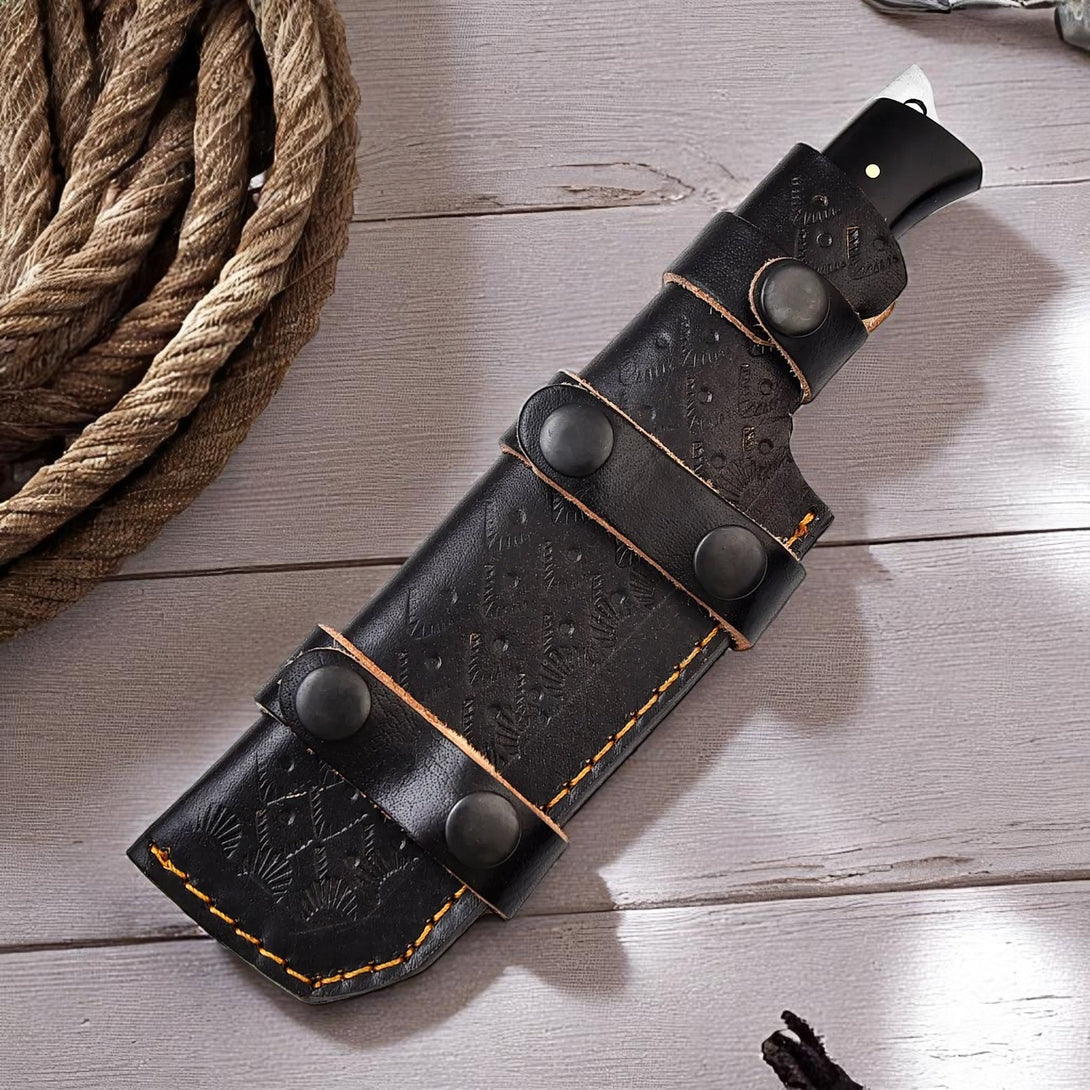 Damascus Skinning Knife with gut hook and unique blue, black, and wood handle, 


