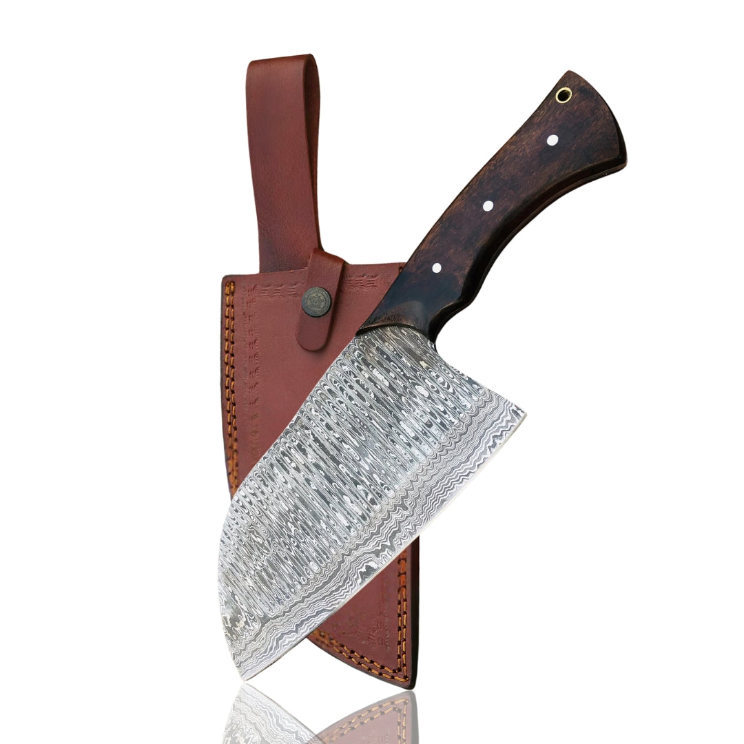 The Butcher's Cleaver Bone Chopper resting in its brown leather sheath on a white background, showcasing the knife and its cover