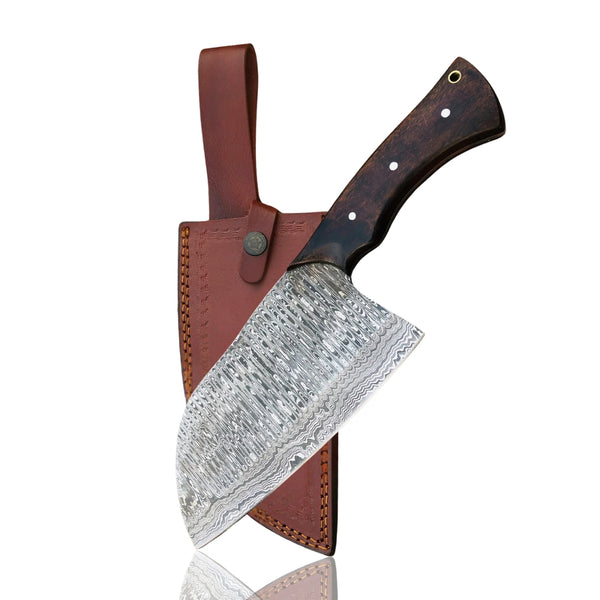The Butcher's Cleaver Bone Chopper resting in its brown leather sheath on a white background, showcasing the knife and its cover