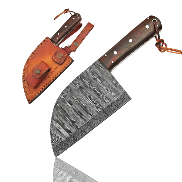  Classic Damascus Serbian Almazan Cleaver Knife with wood handle and wavy pattern blade, displayed upright next to its brown leather sheath on a white background