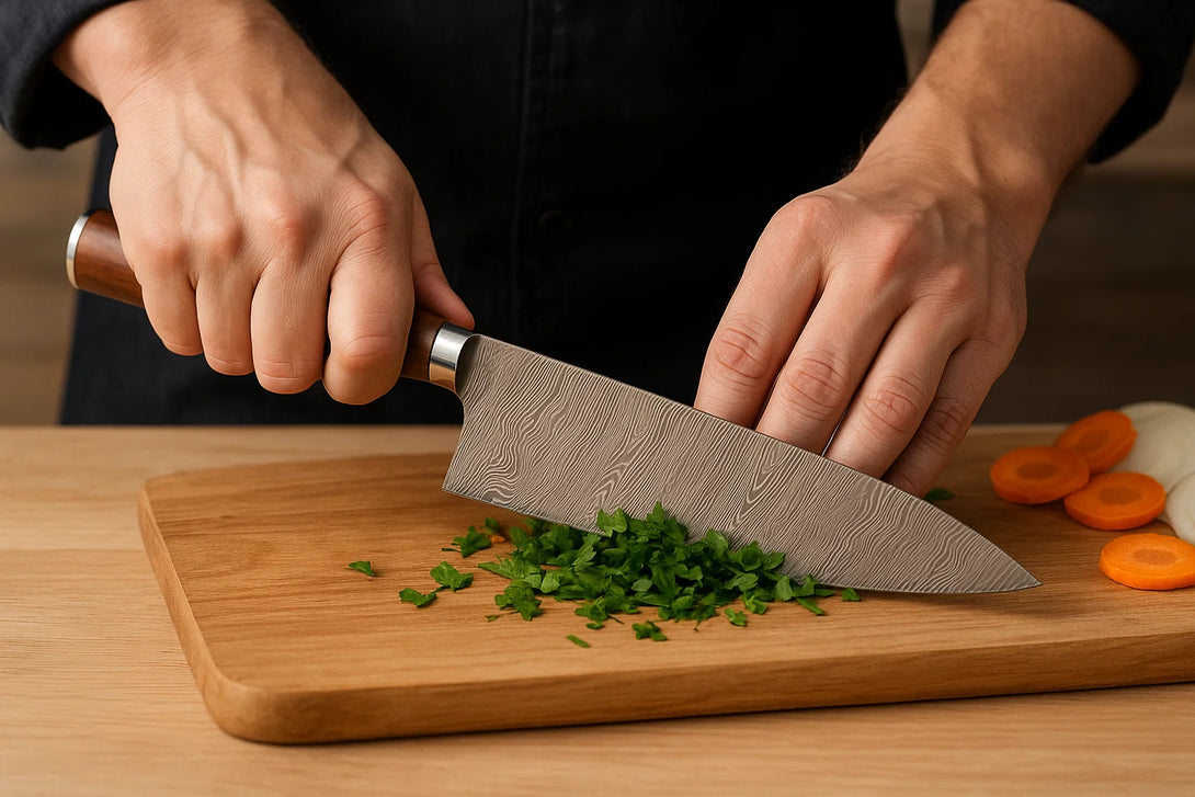 Chef's hands holding an Elite Damascus Chef Knife with Rosewood handle, slicing fresh parsley on a light wooden cutting board with carrots and onions