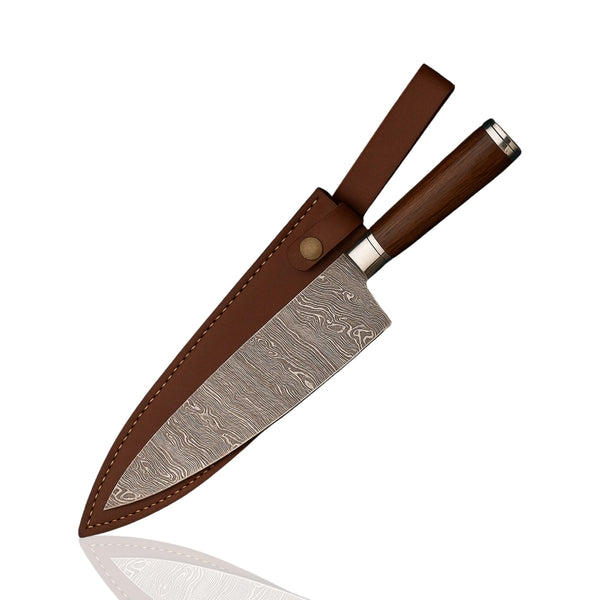 Damascus Chef Knife with wavy blade pattern and Rosewood handle, standing upright on a white background, showcasing its full profile