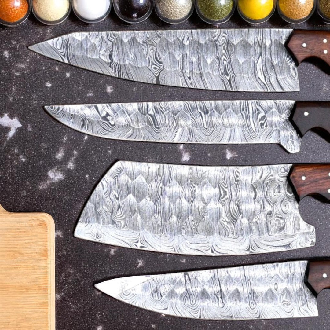 Close-up view of three custom hand-forged Damascus steel chef knives with twist patterns and unique wood handles, showing blade detail