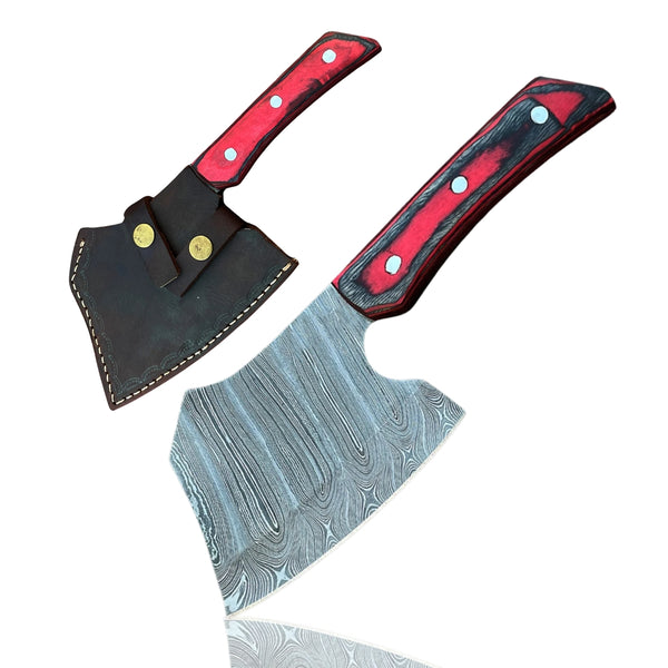 Two Damascus Mini Cleaver Knives with red and black handles, one partially inserted into its black leather mini-sheath, on a white background