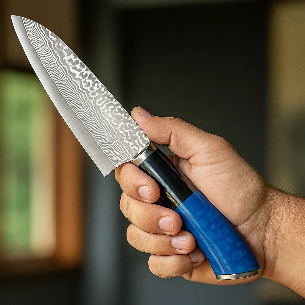 Hand holding a premium Damascus steel chef knife with a blue resin handle and intricate blade pattern, showcasing craftsmanship and design.