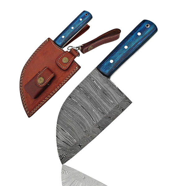 Tactical Damascus Serbian Cleaver Knife with blue handle, displayed upright next to its brown leather sheath on a white background
