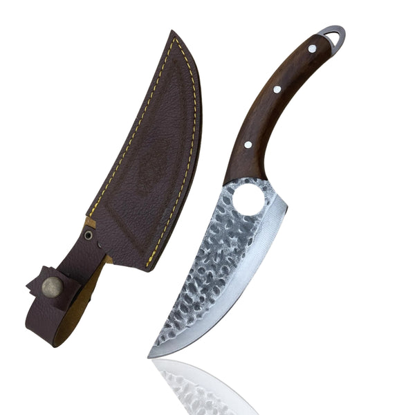 Viking Hand-Foraged Boning Knife with finger hole and hammered blade, displayed on white BG
