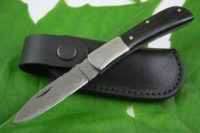 Bull Horn Handle Damascus Folding Knife