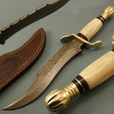 Damascus Knife Camel Bone And Brass Handle