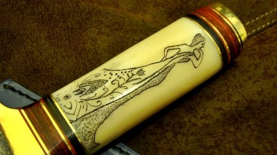 Engraved Handmade Gut Hook Damascus Knife